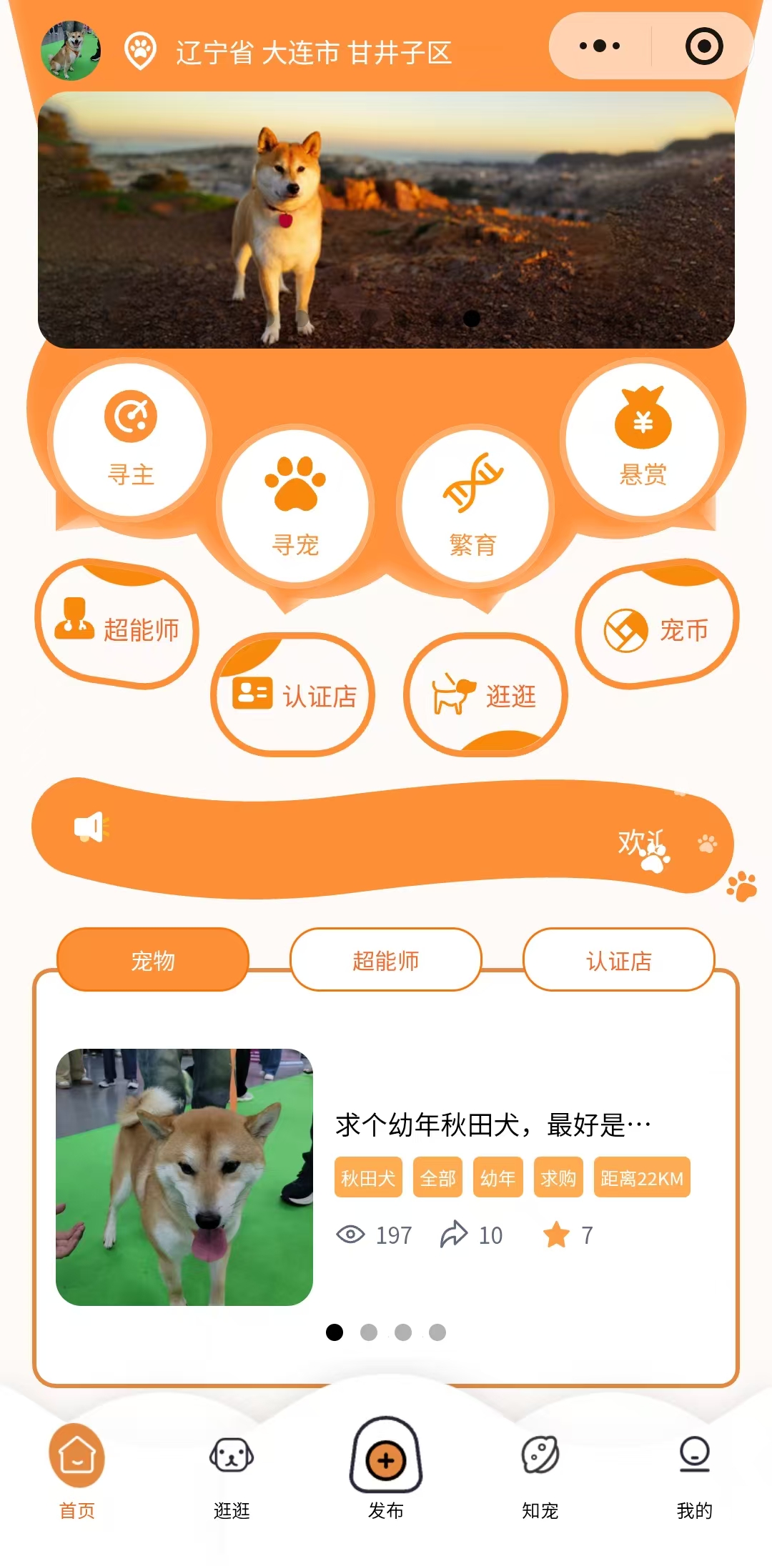 嫩宠小程序首页界面，包含寻主、寻宠、繁育、悬赏和商家服务入口