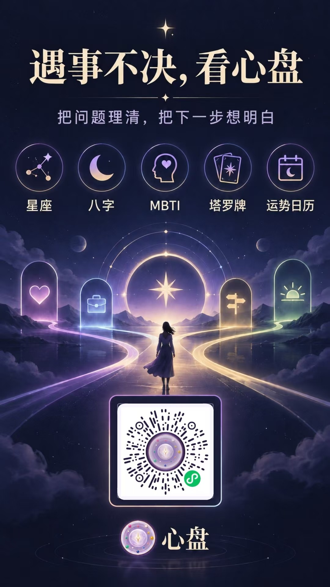 心盘小程序品牌海报,展示星座、八字、MBTI、塔罗牌和运势日历入口